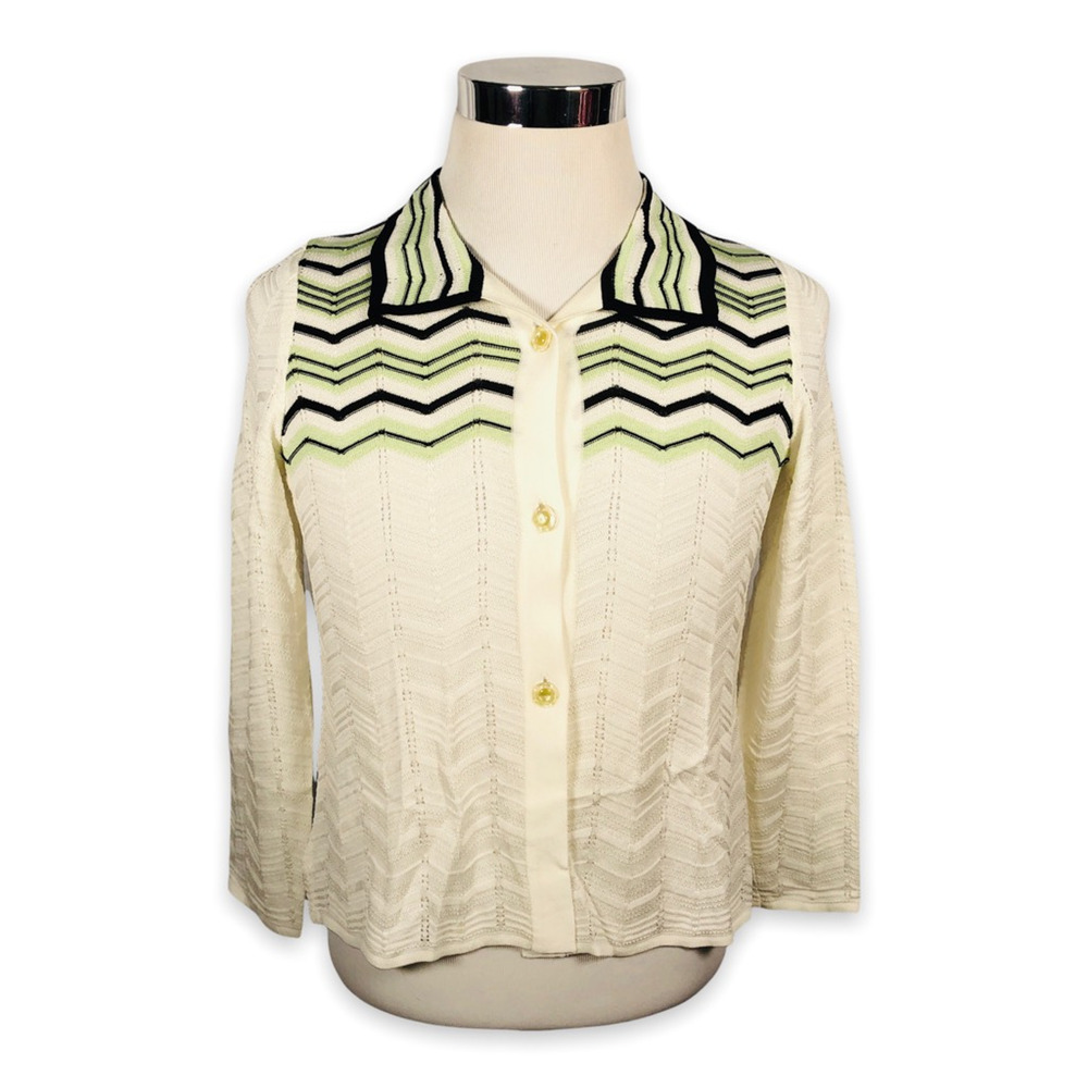 Misook Cardigan Sweater Womens Petite XS Chevron Long Sleeve‎ White Green Black